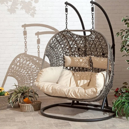 Clearance Sale2 Person Wicker Patio Hanging Relaxation Swing Hammock Chair - With Stand and UV Protection Pad