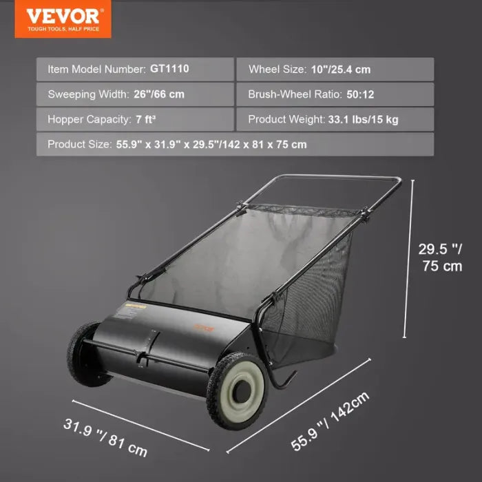 VEVOR Push Lawn Sweeper - Leaf & Grass Collector